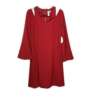 Emma & Michele NWT‎ Red Cold Shoulder Bell Sleeve V-Neck Dress Stretch Size 10